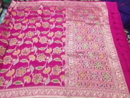 Hot Pink Very Luxurious Pure Khaddi Georgette Handloom Banarasi Saree With Hand Brush Paint