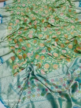 Green Luxurious Pure Khaddi Georgette Handloom Banarasi Saree With Hand Brush Paint