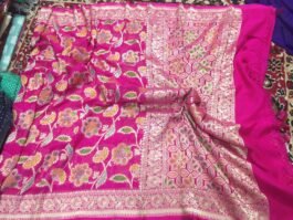 Hot Pink Very Luxurious Pure Khaddi Georgette Handloom Banarasi Saree With Hand Brush Paint